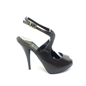 Fendi Peep Toe Platform Heel Ankle Strap Brown Leather Womens US 6.5